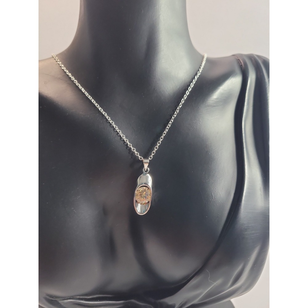 Silver Tone Oval Pendant Necklace Clear Faceted Accent Modern Minimalist